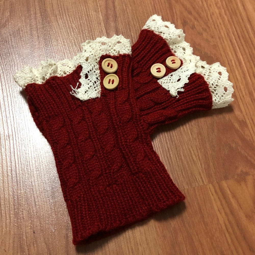 Crimson knit lace lined boot toppers with buttons
